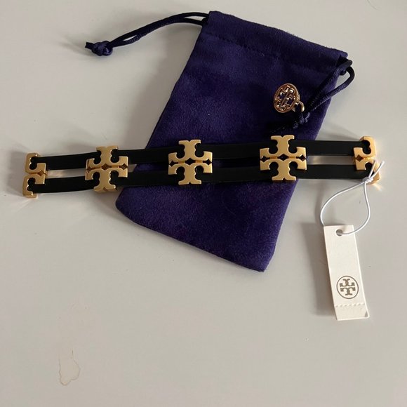 TORY BURCH SERIF T STACKED LEATHER BRACELET BLACK/GOLD - Picture 3 of 12